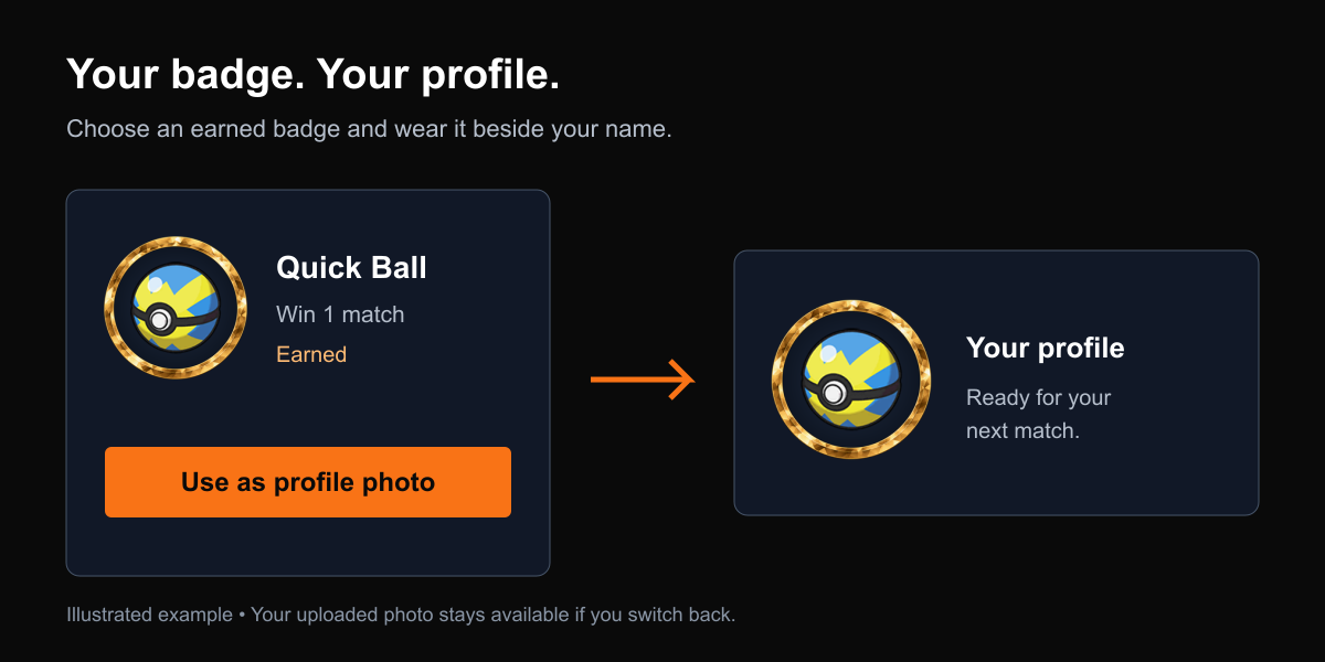 Illustrated example: select Use as profile photo on an earned Quick Ball badge to display it as your circular player avatar.
