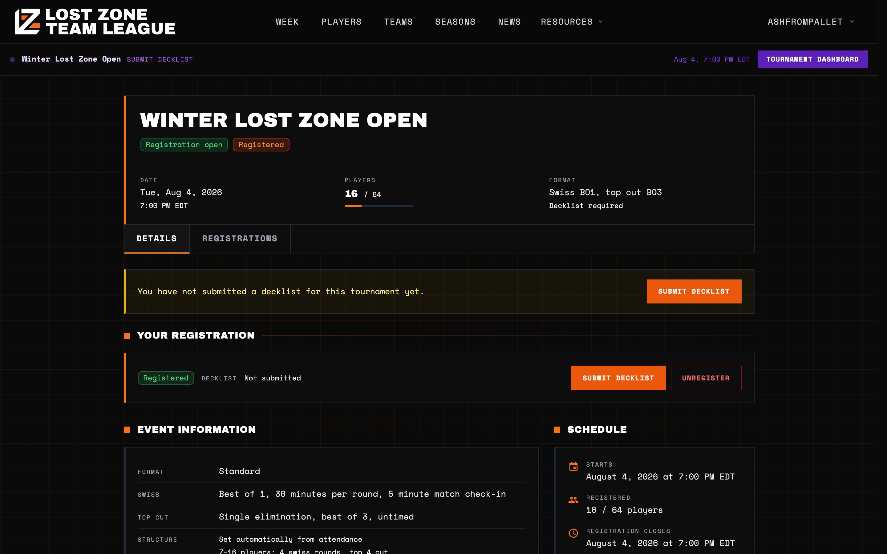A tournament page with registration open and a Register Now button