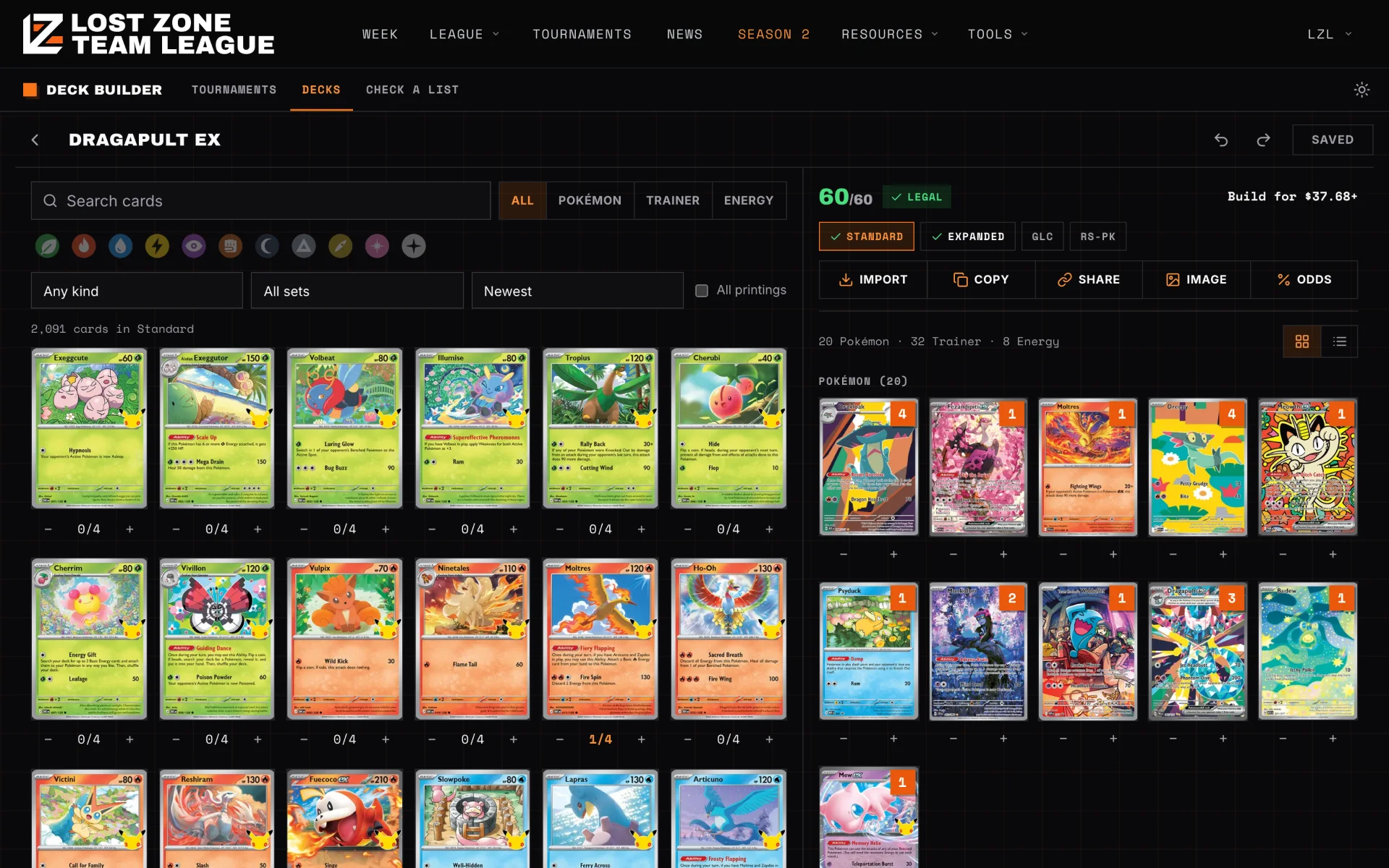 The deck builder: a legal 60-card Dragapult ex deck, with the card pool beside it on a computer