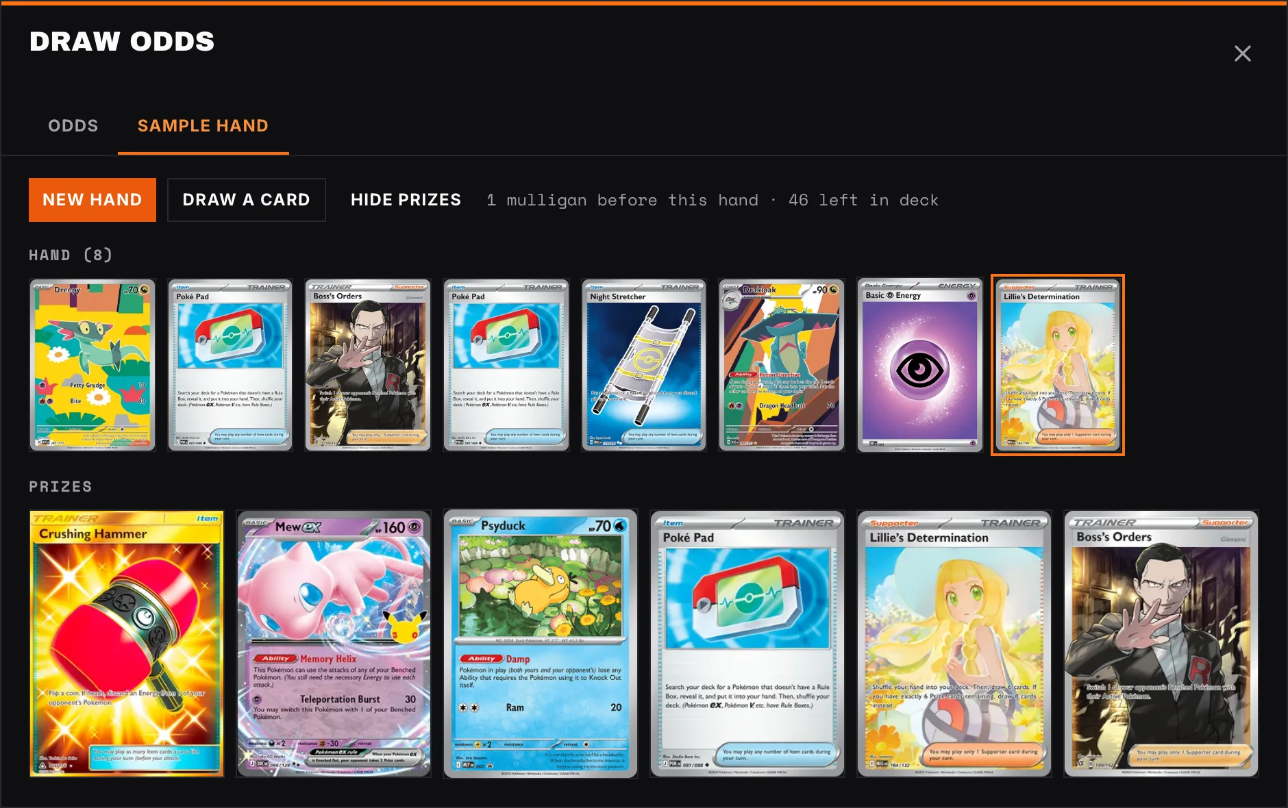A sample hand of eight cards with six prize cards turned face up