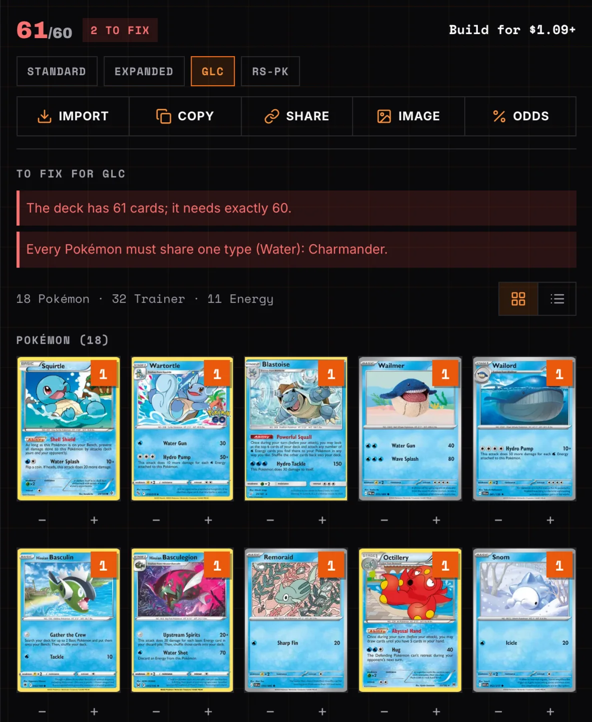 A Gym Leader Challenge deck with a Charmander added: the builder lists two things to fix, 61 cards and a second Pokémon type