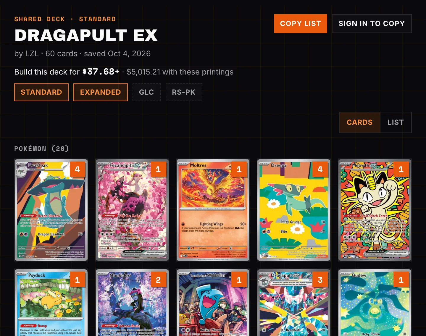 A shared Dragapult ex deck as a visitor sees it