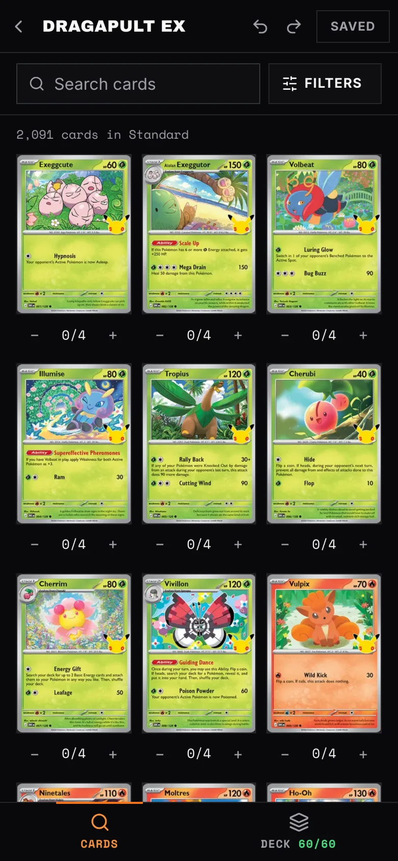 Searching the card pool on a phone