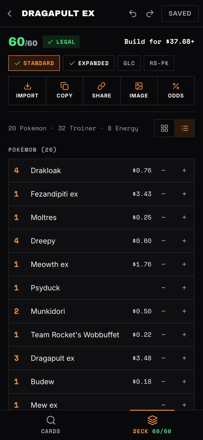 A Dragapult ex deck on a phone: Build for $37.68, with the price of each line