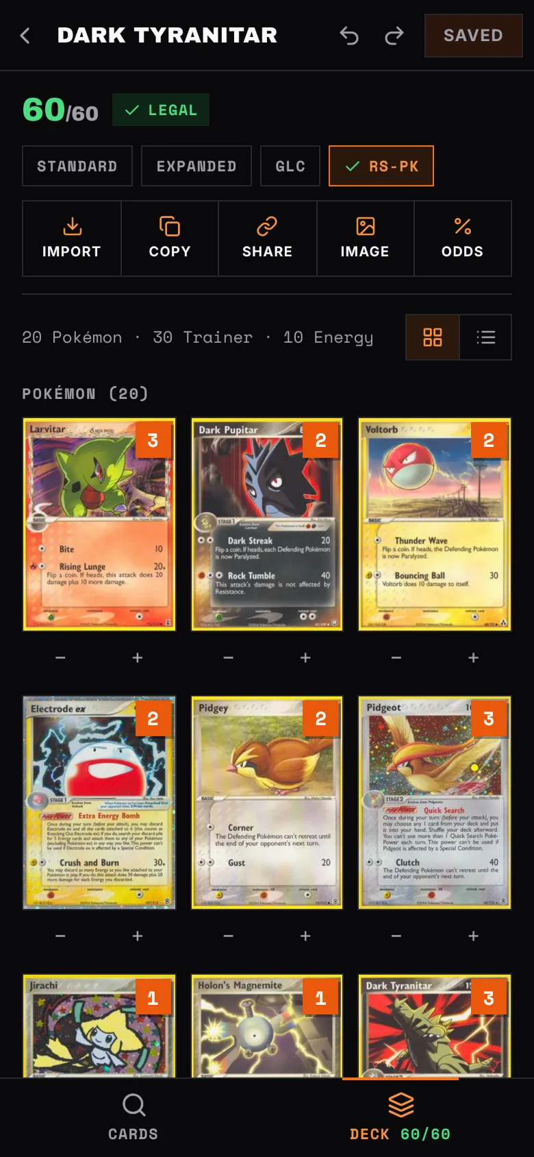 An RS-PK Dark Tyranitar deck on a phone
