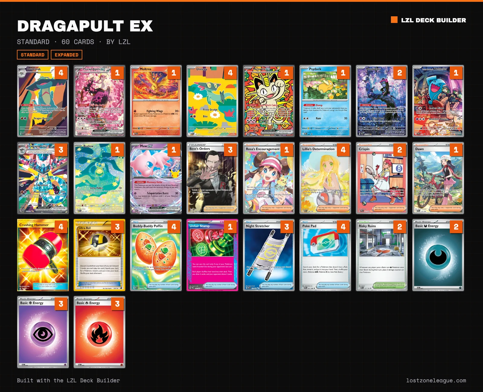 A saved deck image: every card of Dragapult ex with its count