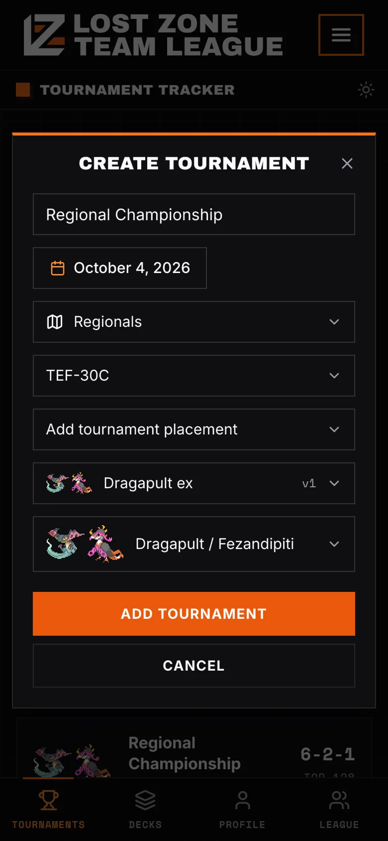 Creating a tournament: Regional Championship, today, Regionals, the TEF-30C format and the Dragapult ex deck
