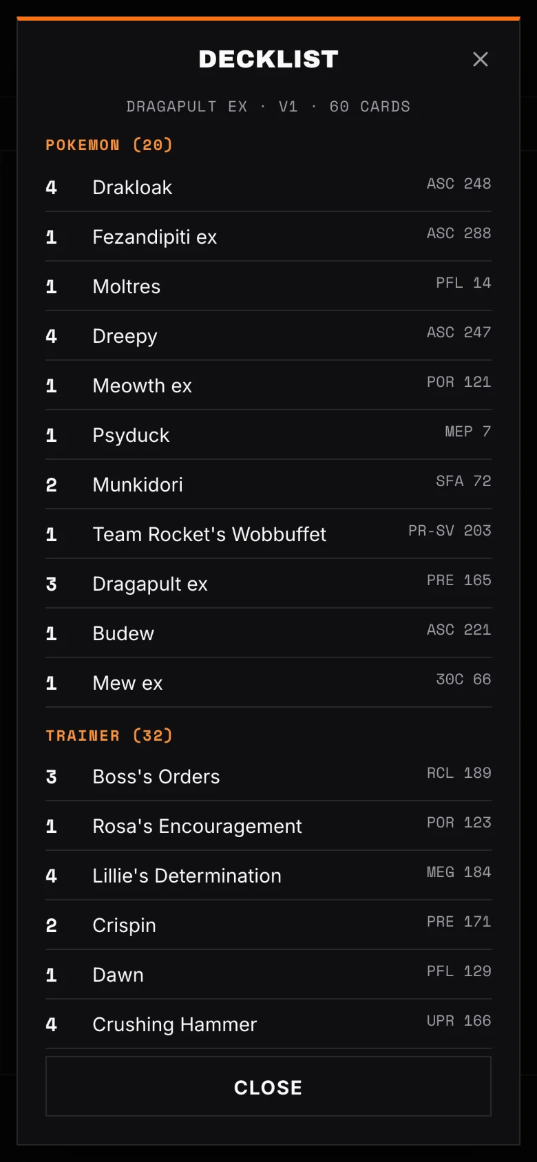 The decklist played at a tournament, version 1 of Dragapult ex