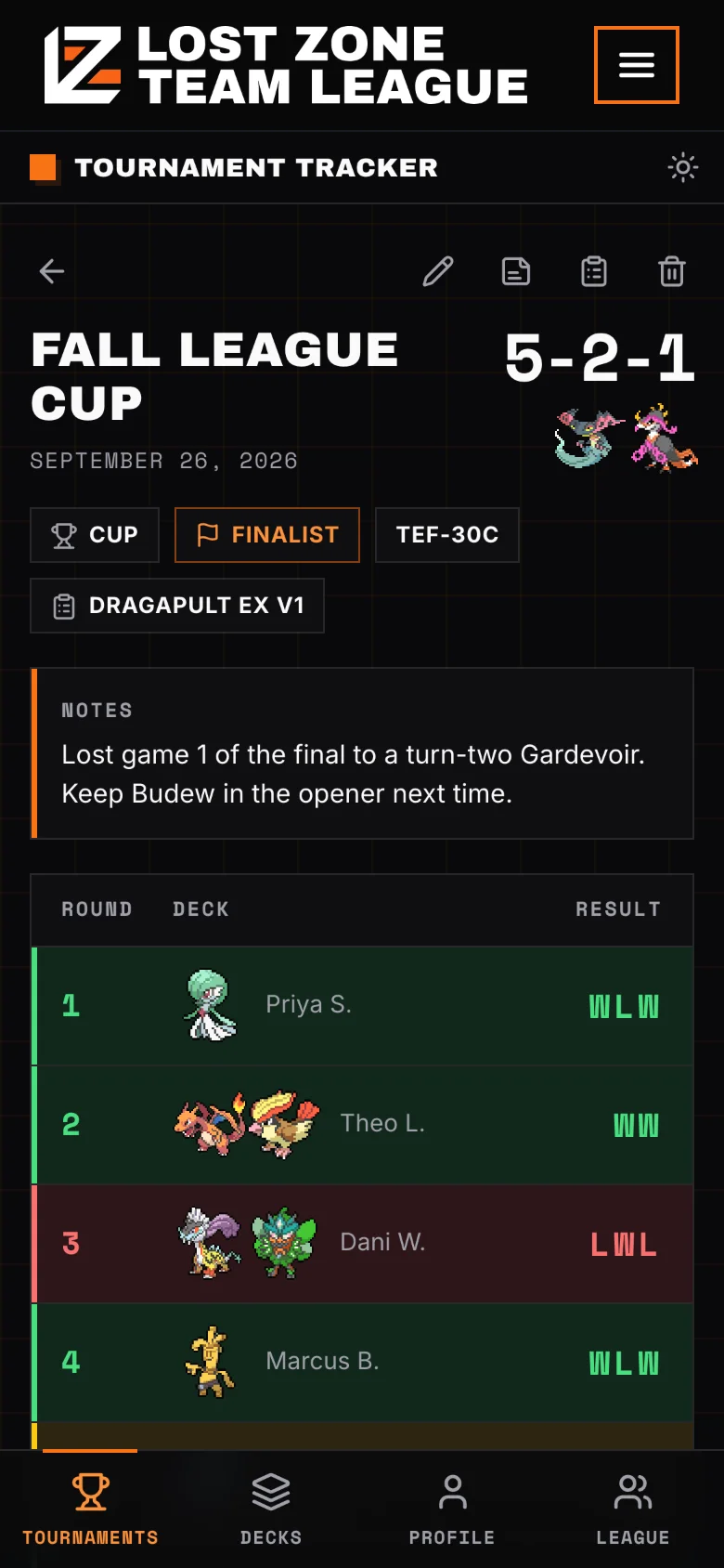 A League Cup in the tracker: a 5-2-1 record, Finalist, and rounds colored by result