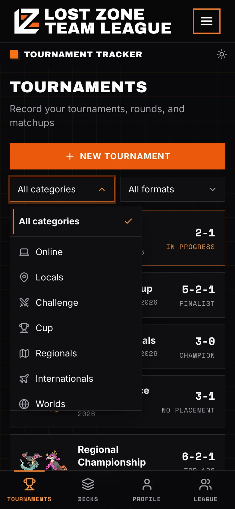 The tournament list filtered by category: Online, Locals, Challenge, Cup, Regionals, Internationals and Worlds