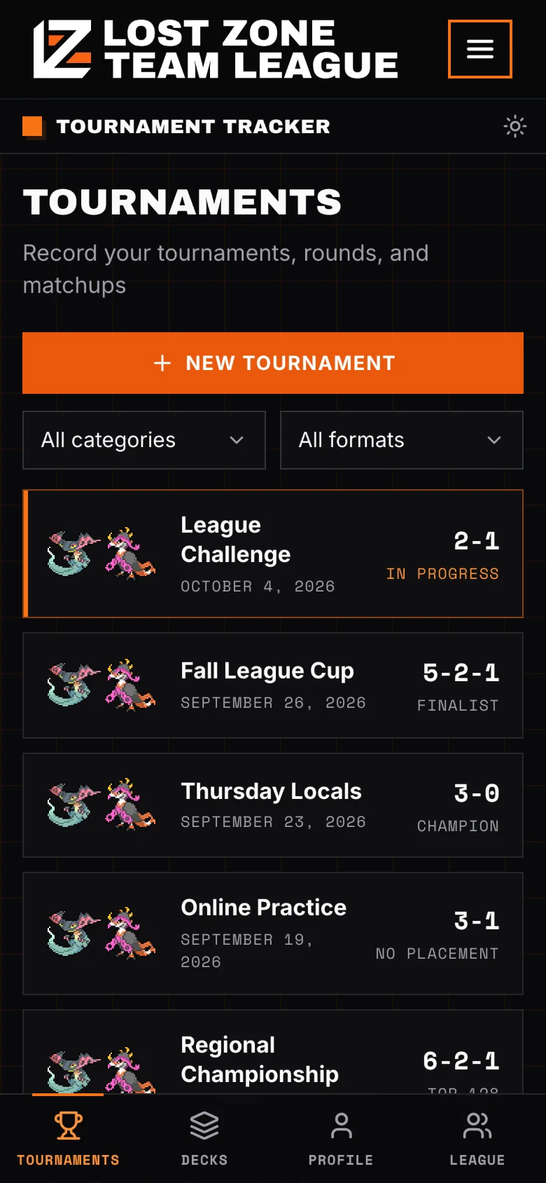 The tracker on a phone: tournaments with their records and finishes, one still in progress