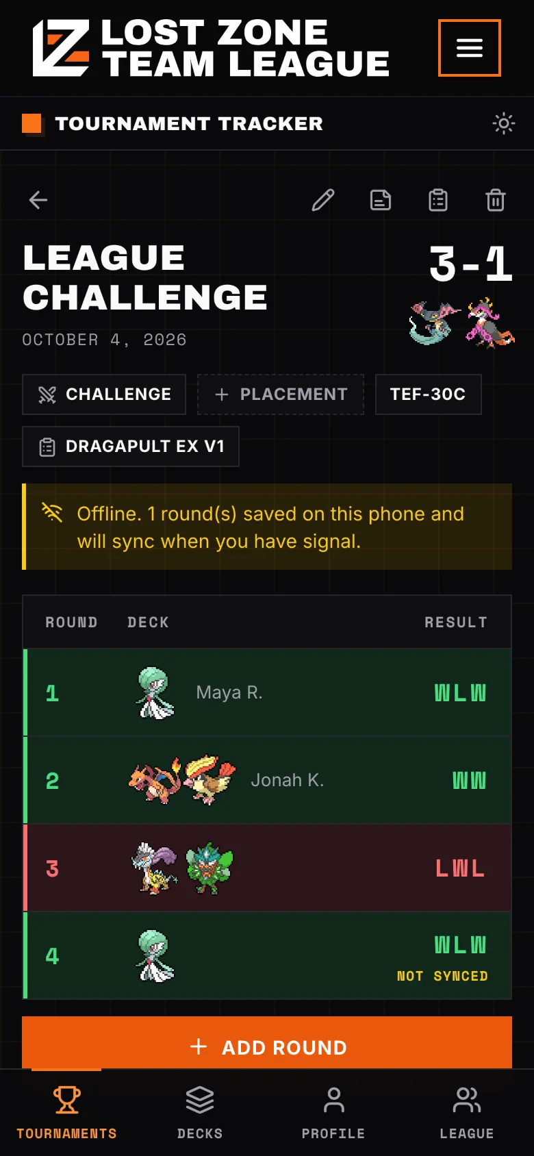 A round saved with no signal: the tracker says it will sync when there is signal, and the round is marked Not synced