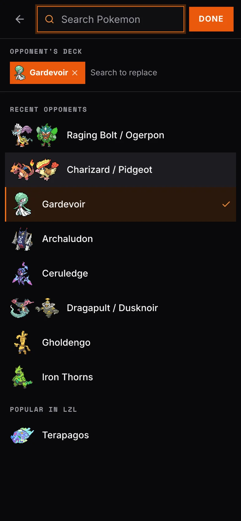 Picking an opponent deck: recent opponents and decks popular in LZL