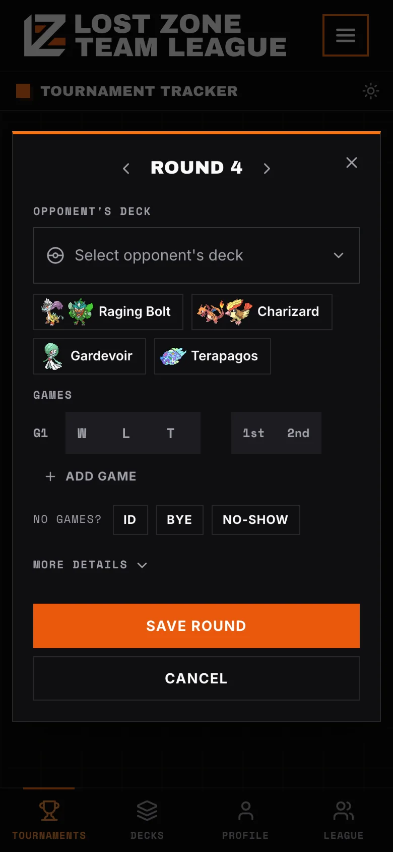 Adding round 4: one-tap picks for Raging Bolt / Ogerpon, Charizard, Gardevoir and Terapagos under the deck field