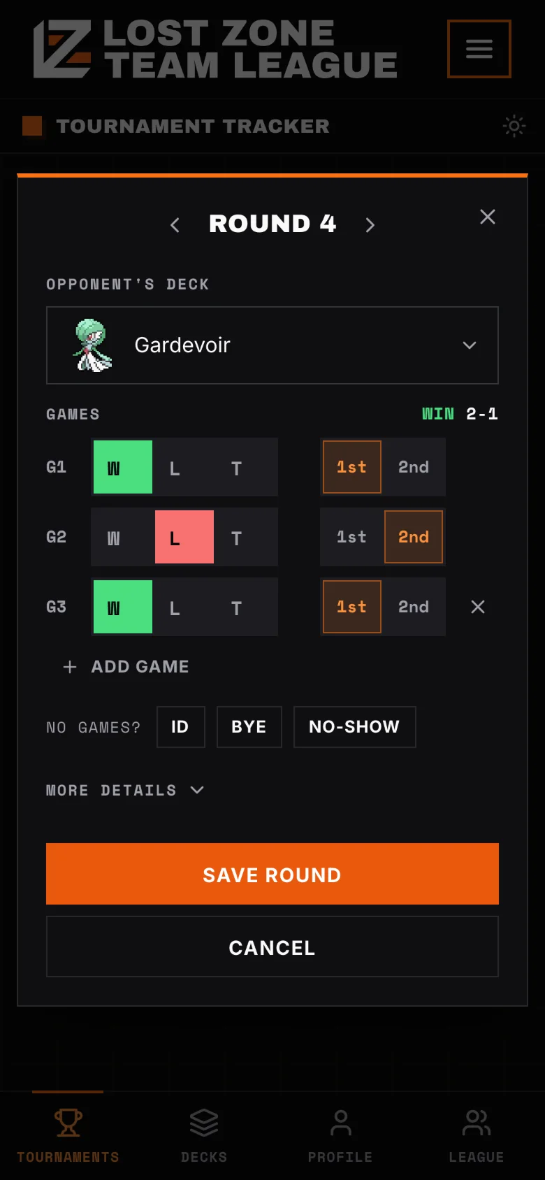 Logging a round: Gardevoir as the opponent, three games won, lost and won, with who went first in each